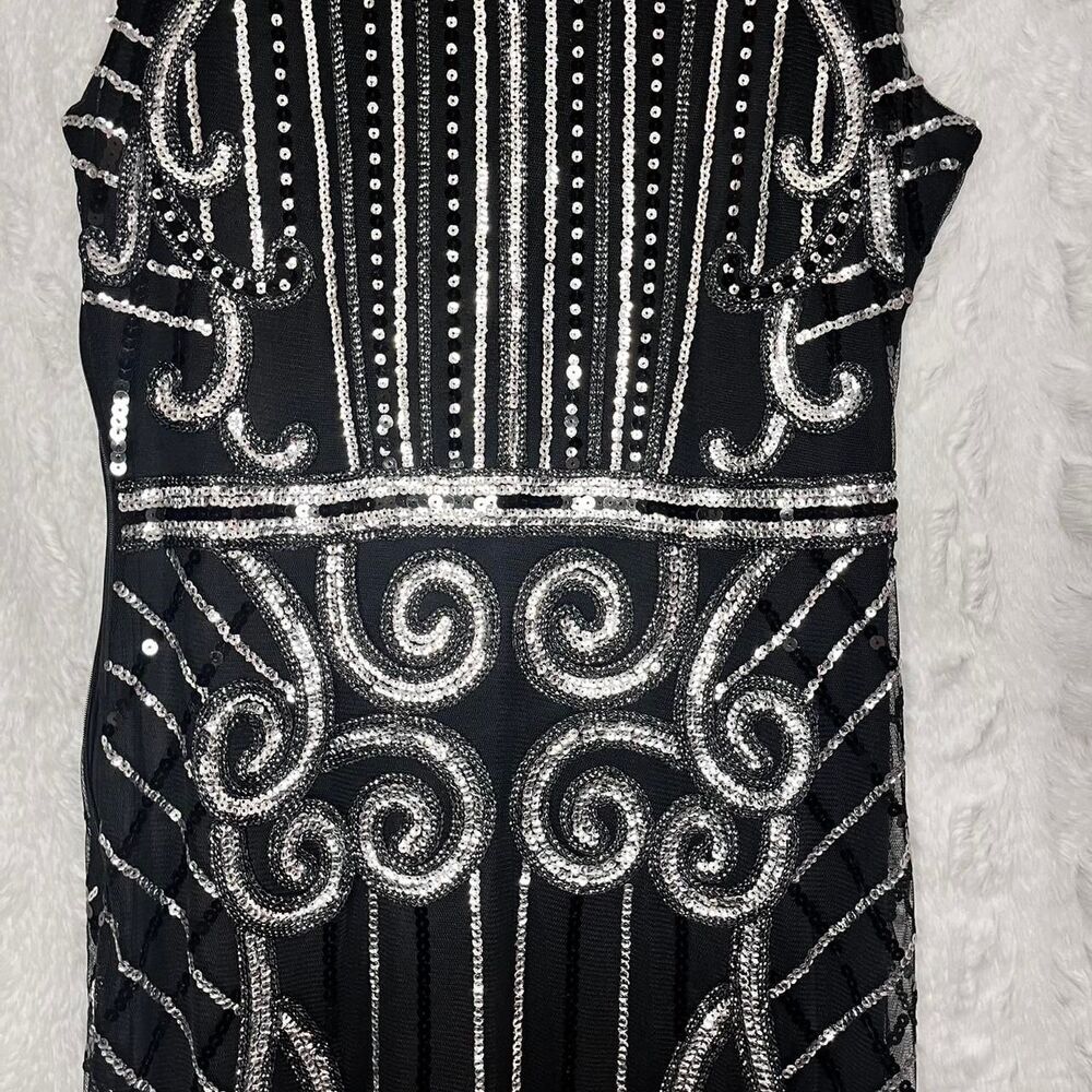 Black & silver beaded midi dress with fringe hem SIZE M - Picture 5 of 8